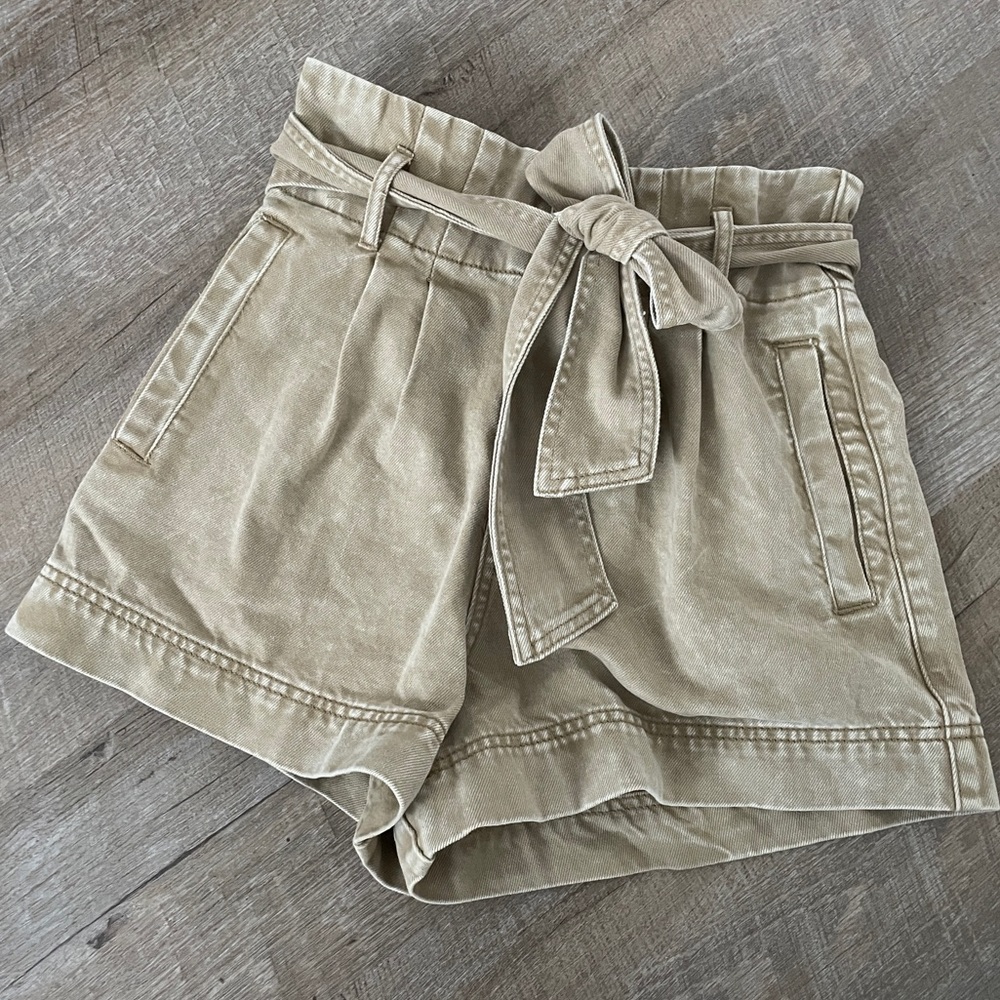 High Waisted Tan Denim Shorts with Bow Belt - Picture 1 of 6